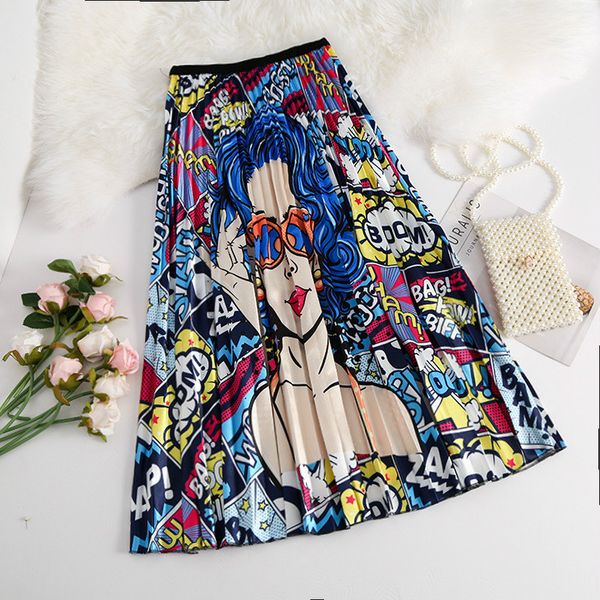 

2019 summer new women vintage stripe print high waist mid-calf length cartoon pleated skirts active wear fashion skirt christmas, Black