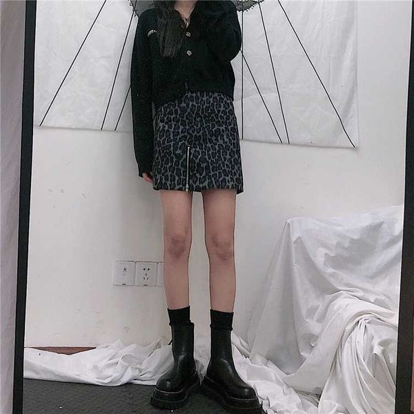 

high waist slim elegant a-line winter fashion streetwear gothic zipper leopard wool mini skirt vintage graffiti dot korean, Black