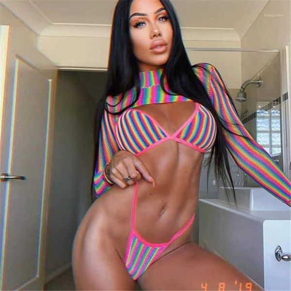 

fashion colorful striped three piece swimsuits womens summer sun protective swimwear rainbow color womens designer bikini, White;black