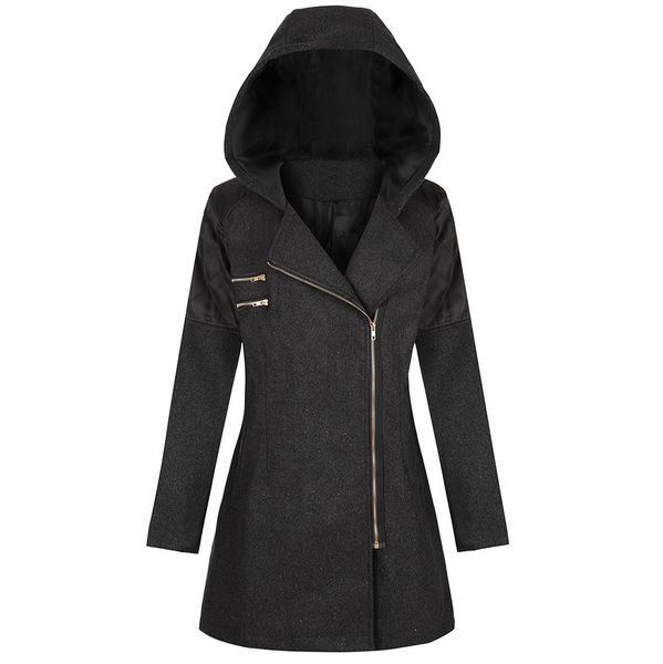 

winter woolen coat women hooded zippers slim fit overcoat casual winter jacket wool long coat d91004, Black