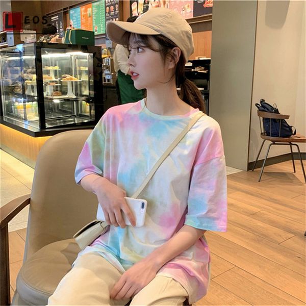 

tie dye print women t-shirt harajuku loose casual short sleeve for female summer fashion new tees korean version streetwear, White