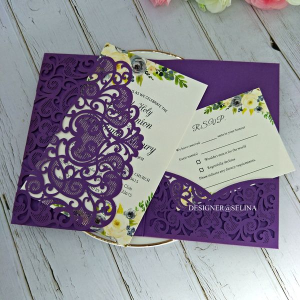 By Dhl Gorgeous Purple Shimmer Laser Cut Wedding Invitations