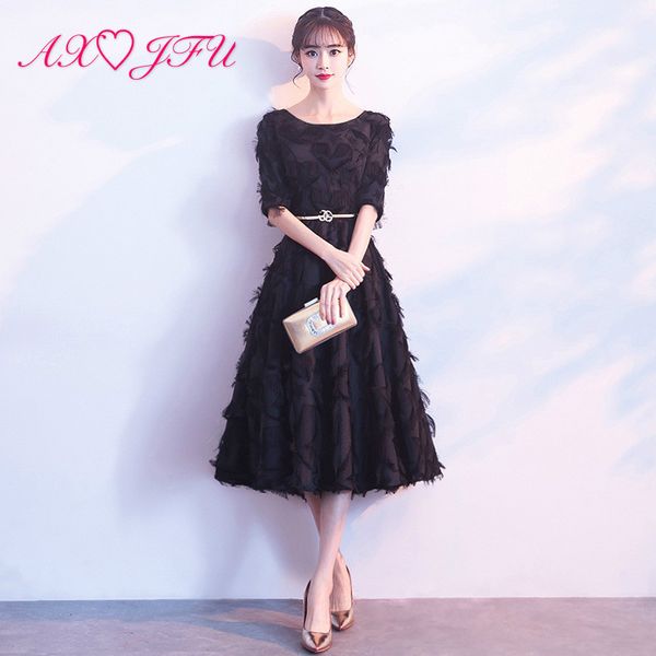 

axjfu princess o neck black lace short evening dress vintage illusion half sleeve feather evening dress little black, White;black