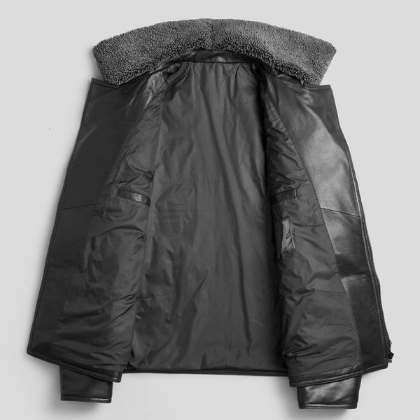 

fashion mens slim fit genuine leather outerwear male pocket zipper short motorcycle jacket luxury winter thick warm down coat, Black