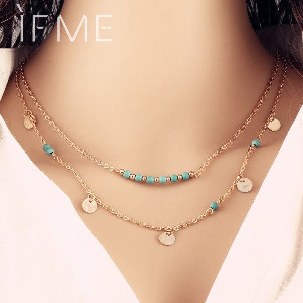 

steampunk necklaces simple multilayer gold color coin kallaite bead resin chain necklace summer for women, Silver
