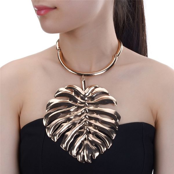 

jerollin fashion chokers necklace big metal leaf pendant statement collar chokers necklace women wedding jewelry wholesale, Silver