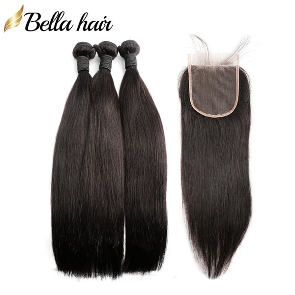 

lace closure with bundles indian virgin remy human hair extensions weft 3pcs1pc lace closure 4x4 part silky straight bellahair, Black