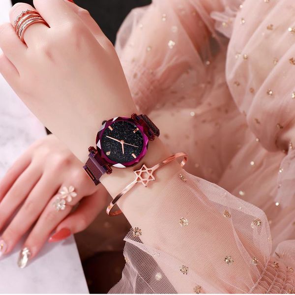 

luxury flower mirror star sky watches creative magnet quartz women watches delicate and elegant wristwatches for ladies, Slivery;brown