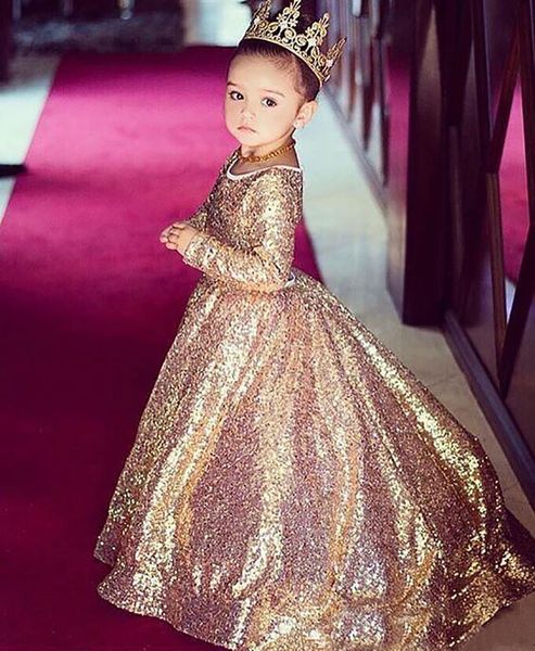 

girls pageant dresses ball gown gold sequined jewel neck long sleeves hollow back sweep train kids flower girls dress birthday gowns, White;red