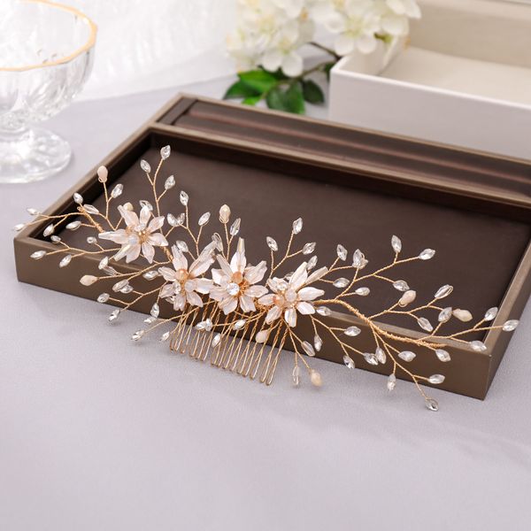 

new fashion gold tiara hair combs for women flower crystal handmade hair jewelry rhinestone wedding bridal hair accessories, Golden;white