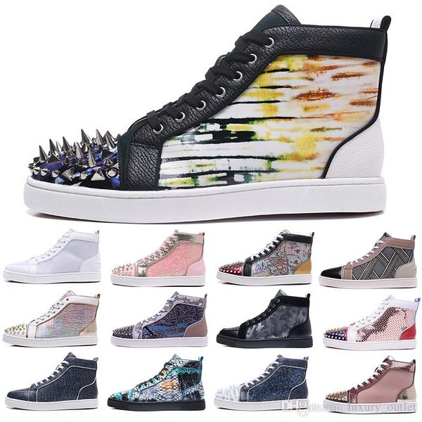 

brand designer luxury mens red bottoms casual shoes women high sneakers spikes leather flats boots wholesale for size us 12 eur 46, Black
