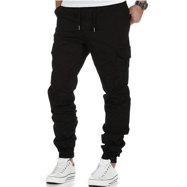 

cargo pants men casual drawstring solid, Black