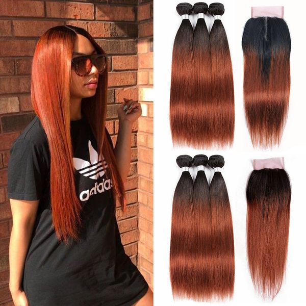 

ombre auburn brazilian human hair weave straight 3 bundles with closure middle part 1b/33 human hair weave with 4x4 lace closure, Black;brown