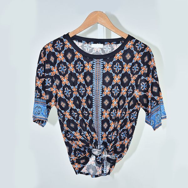 

2019 spring summer floral print short sleeves round collar waist ribbon tie t-shirts women fashion t-shirt may515, White