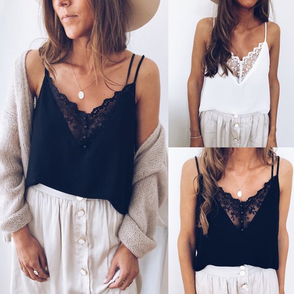 

women lace vest sleeveless loose camisole casual v-neck tank blouse t-shirt, White
