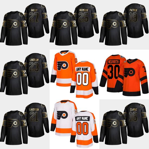 

2019 Golden Edition Philadelphia Flyers 16 Bobby Clarke 27 Justin Bailey van Riemsdyk Oskar Lindblom Nolan Patrick Scott Laughton Jersey