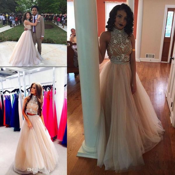 

two pieces black girl prom dresses couples fashion high neck beaded nude tulle floor length formal party dresses evening gowns 1095, Black;red