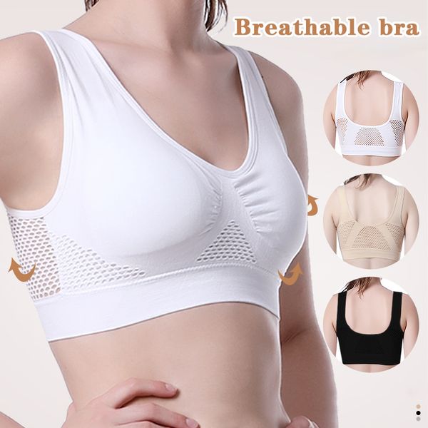 

new women ultra-comfort hollow mesh sports bra breathable plus size fitness underwear crop tunique femme cropped feminino, White