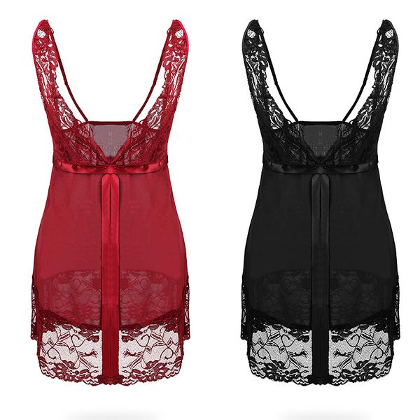 

women's sleepwear nightgowns sets lingerie lace nightdress women sheer scalloped satin nightwear silk slip v-neck, Black;red
