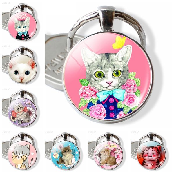 

funny cartoon cat keychain cute glass cabochon metal key rings gift for daughter lovely jewelry, Silver