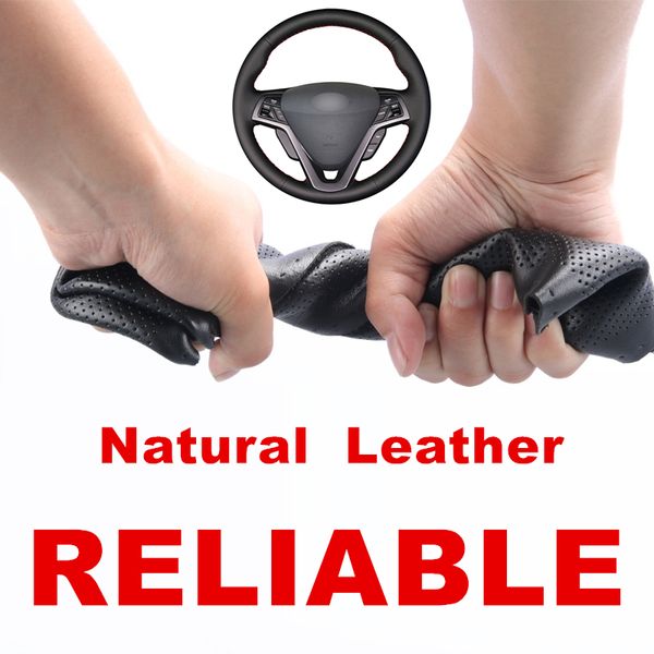 

hand stitched black genuine leather car steering wheel cover for veloster 2011 2013 2012 2014 2015 2016 2017 2018