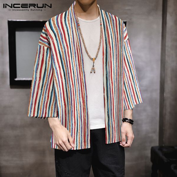 

men striped shirt open stitch 3/4 sleeve 2020 vintage cardigan loose casual kimono streetwear mens shirts harajuku incerun, White;black