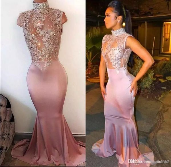 

new arabic mermaid pink prom dresses high neck sleeveless lace-appliques cutaway side crystal beaded long evening gowns custom made aw290, Black
