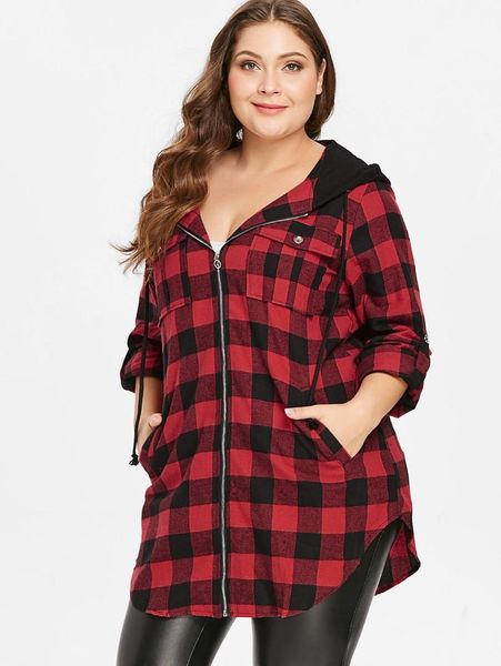 

wipalo spring autumn plus size 5xl high low hem plaid hooded jacket casual roll tab sleeve pocket embelleshed zipper jacket coat, Black;brown