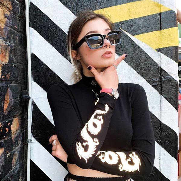 

septhydrogen brand designer personality chinese letter and dragon print t-shirts fashion long sleeve reflective streetwear for women, White