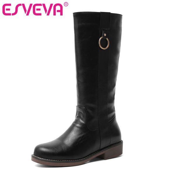 

esveva 2020 women boots mid-calf boots round toe square heels motorcycle pu leather platform casual shoes boot size 34-43, Black