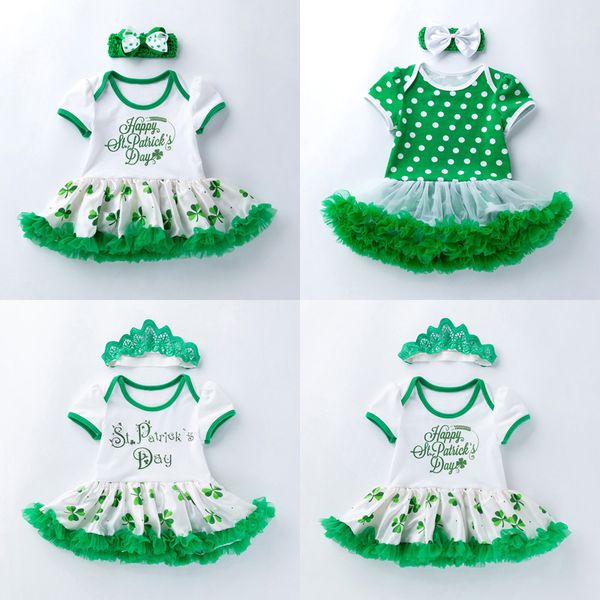 

girl dresses bow headband cartoon dots short sleeve round neck princess letter clover crown solid lace 23, White