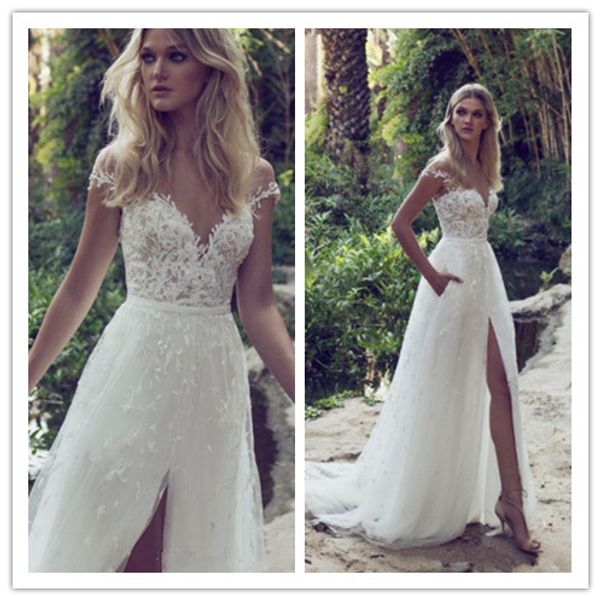 

limor rosen 2019 a-line lace wedding dresses illusion bodice jewel court train vintage garden beach boho wedding party bridal gowns, White