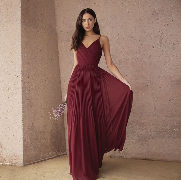 

burgundy pleated bridesmaid dresses a line v neck wedding guest dress floor length chiffon maid of honor gowns, White;pink