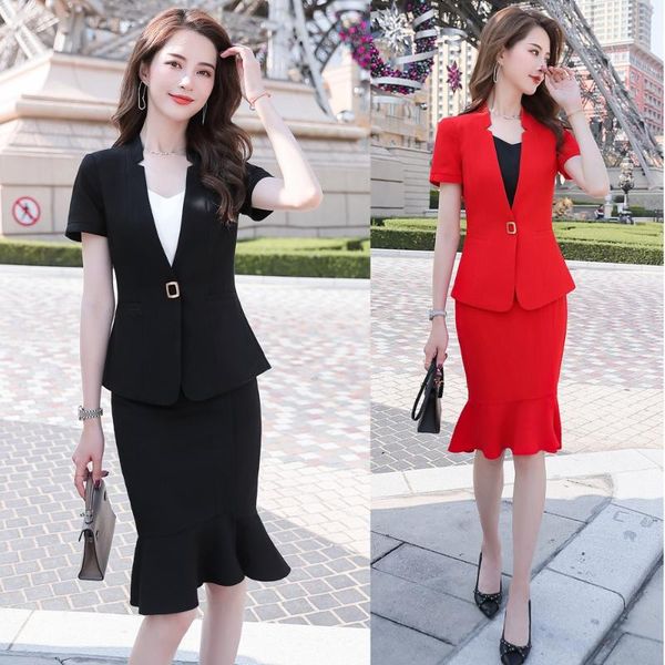 

new 2020 female black blazer women bsiness suits office ladies skirt and jacket sets short sleeve, White;black