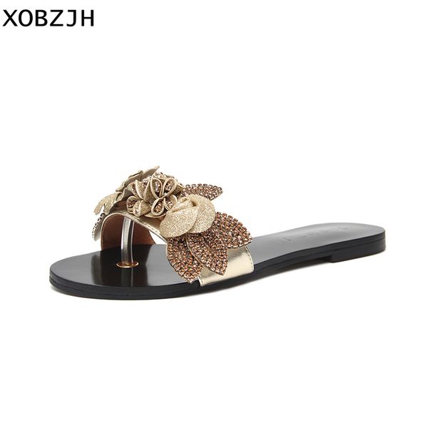 

women summer shoes flat beach sandals 2019 ladies bohemian party gold slip on slippers shoes woman flower sandals, Black