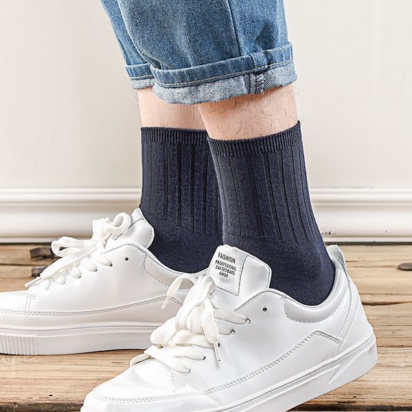 

men's autumn and winter double needle plain color business socks cotton simplebrief plain color socks calcetines, Black
