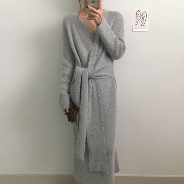 

v-neck knitted dress 2019 new korean belted sweater dress women fashion office lady winter warm thick long sleeve knit sweater, White;black