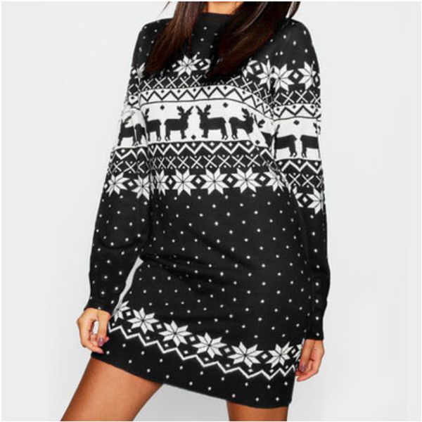 

women dress christmas dress printed long-sleeved dresses fashion tide round neck dress brand thin 2019 autumn 5 color, Black;gray