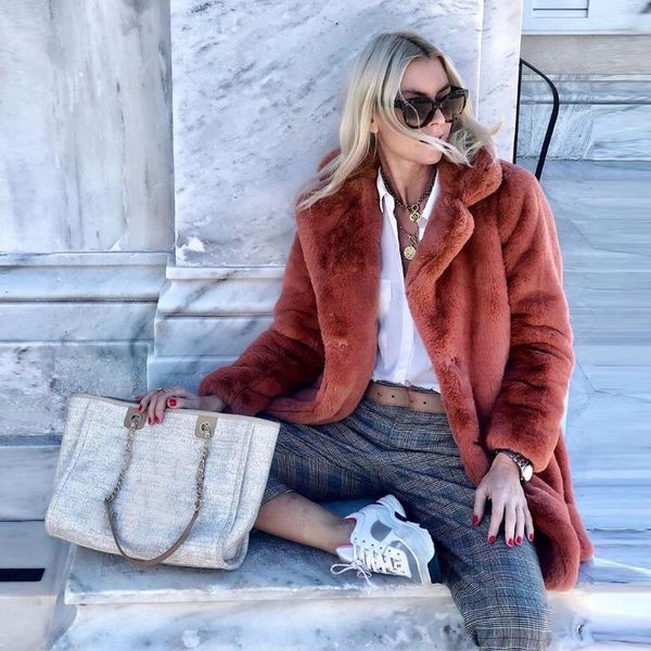 

women's fur & faux solid womens winter thick warm long coat ladies turn-down collar lapel outerwear fashion outwear jacket, Black