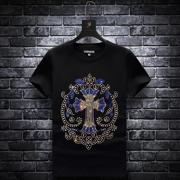 

summer new european and american fashion brand cross rhinestone short-sleeved t-shirt men's fashion slim round neck net red half-sleeve, White;black