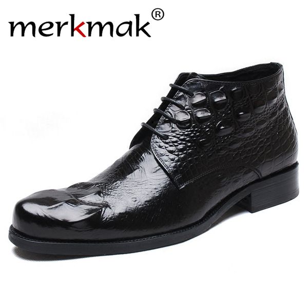 

merkmak autumn winter fashion new crocodile men's shoes casual high-pointed british men's leather shoes safety boots, Black