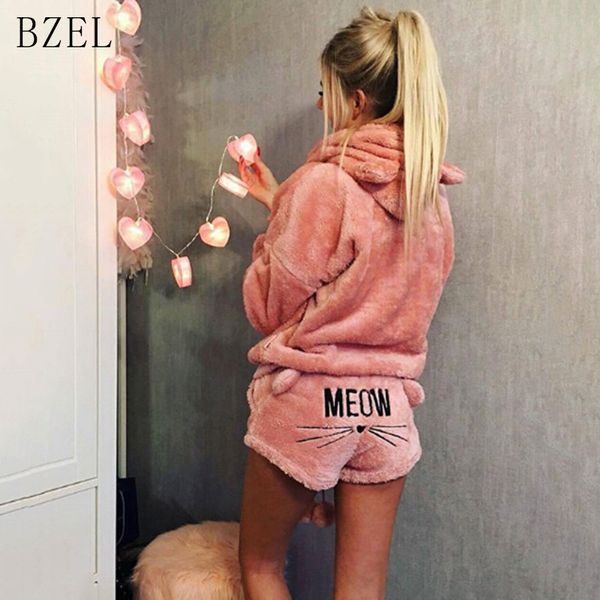 

bzel 2019 new pajams sets cartoon cat pijama feminino long sleeve underwear hooded sleepwear flannel sleep lounge pyjamas women, Blue;gray