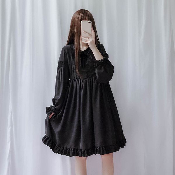 

female japanese style dress women solid ruffle mid dress cute girl soft sister lolita gothic, Black;gray