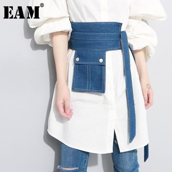 

eam] 2020 new summer pocket split joint button irregular blue denim long wide belt women fashion tide all-match jf134, Black;brown
