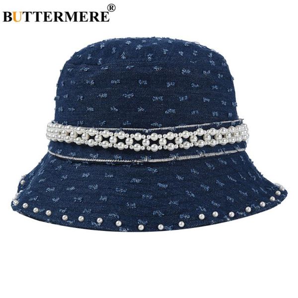 

buttermer denim women bucket hat pearl decoration wide brim fishing hat ladies vintage 2020 new arrival sun bucket, Blue;gray