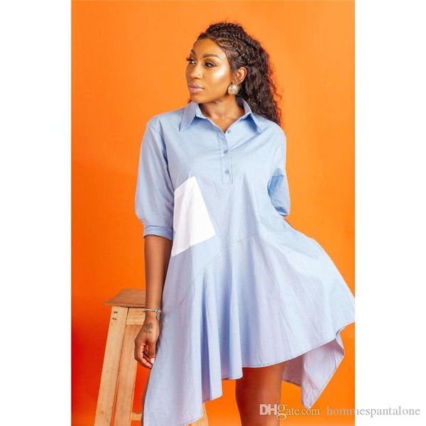 

summer ladies solid color dress fashion designer lapel neck female dresses casual panelled loose women apparel, Black;gray