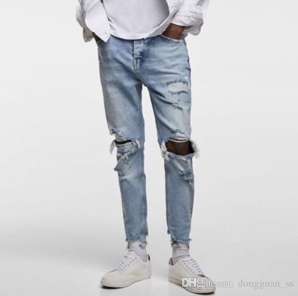 

100pcs slim fit new style men's destroyed pants white ripped patches blue skinny biker jeans slim dongguan_ss in stock