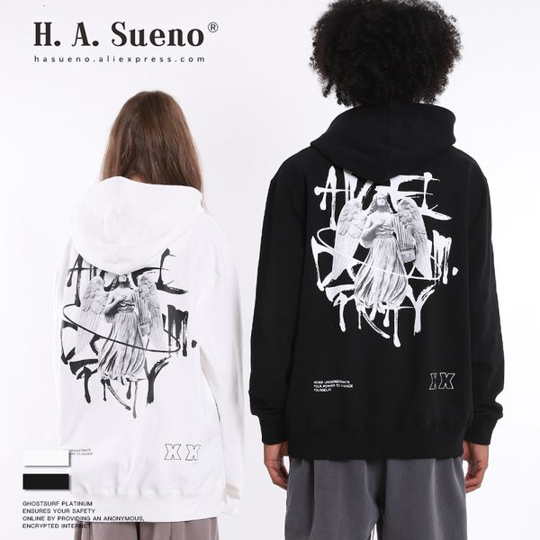 

h.a.sueno 2019 autumn and winter funny angel print mens sweatshirts drop shoulder loose fit mens black white hoodies /7