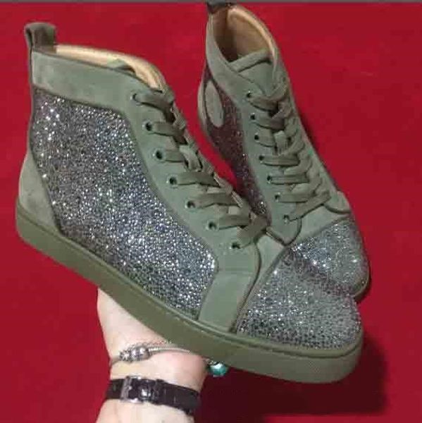 

originals box]paris red bottom men casual sneakers high cut olive green suede with strass rhinestone men flat skate shoes, Black