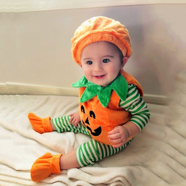 

2020 toddler baby kids girls clothes set demon pumpkin halloween tracksuit romper+cap+shoes outfits boutique clothing set, White